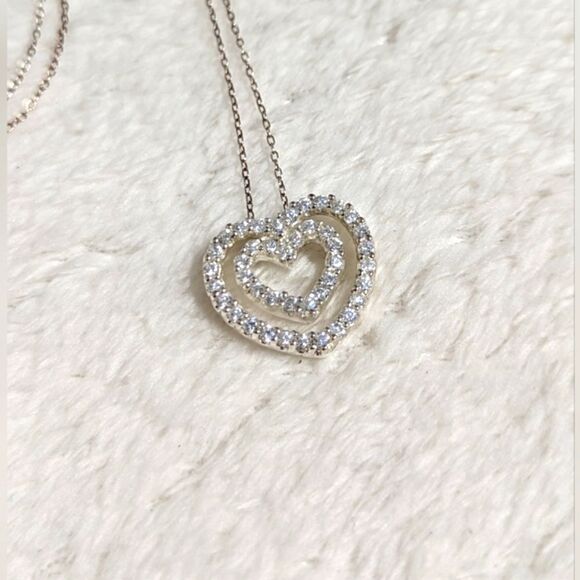 Vintage Sterling Silver & Cubic Zirconia Double Heart Necklace - Picture 6 of 15